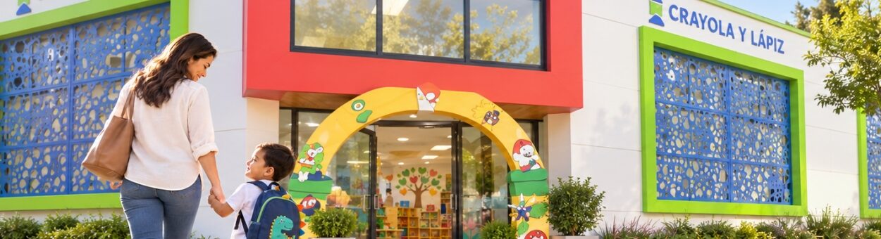 Mamá y niño pequeño llegando de la mano al jardín infantil Crayola y Lápiz en Chía