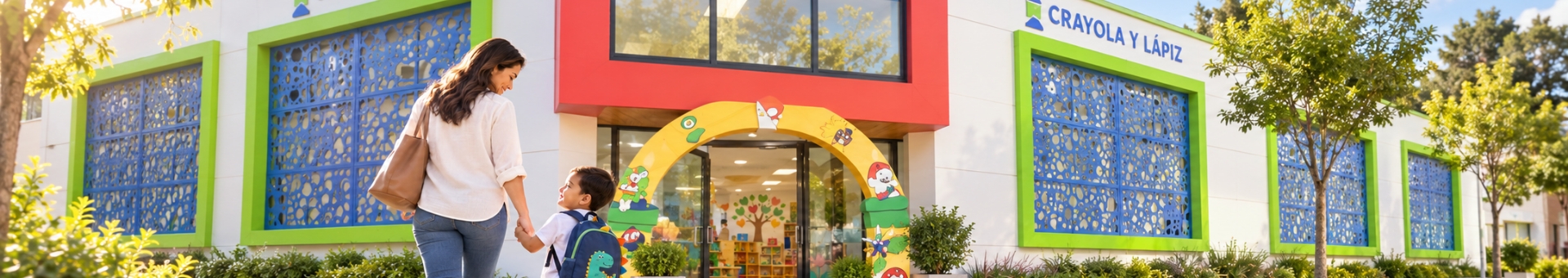 Mamá y niño pequeño llegando de la mano al jardín infantil Crayola y Lápiz en Chía